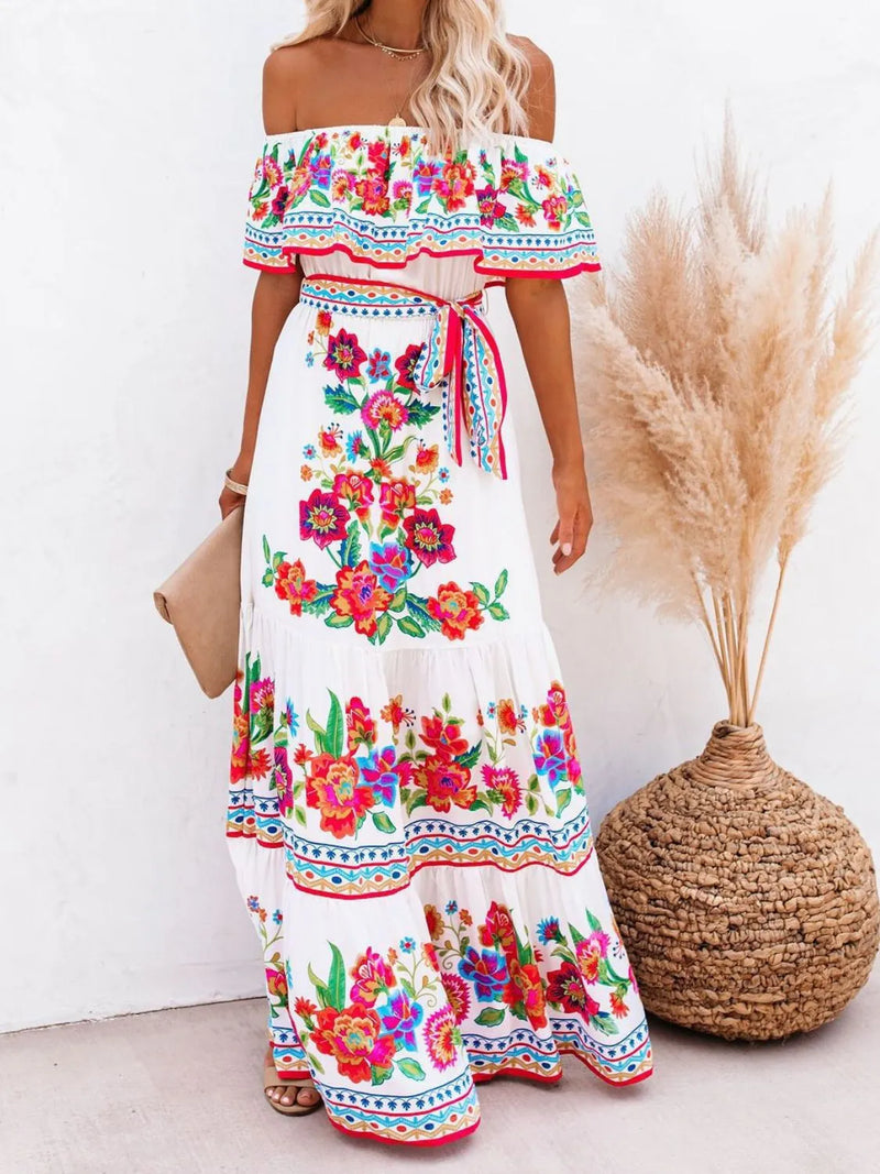 Floral off shoulder ruffle maxi dress front view