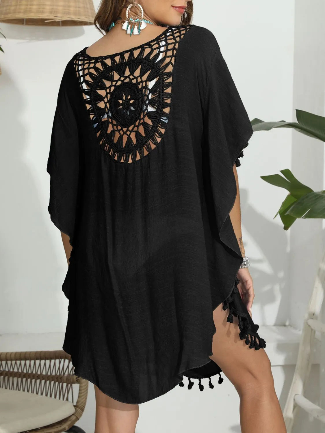 Tassel Crochet Round Neck Cover-Up - Fashorio