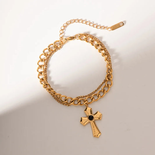 Stainless Steel Imitation Gemstone Cross Shape Pendant Bracelet Gold One Size - Fashorio