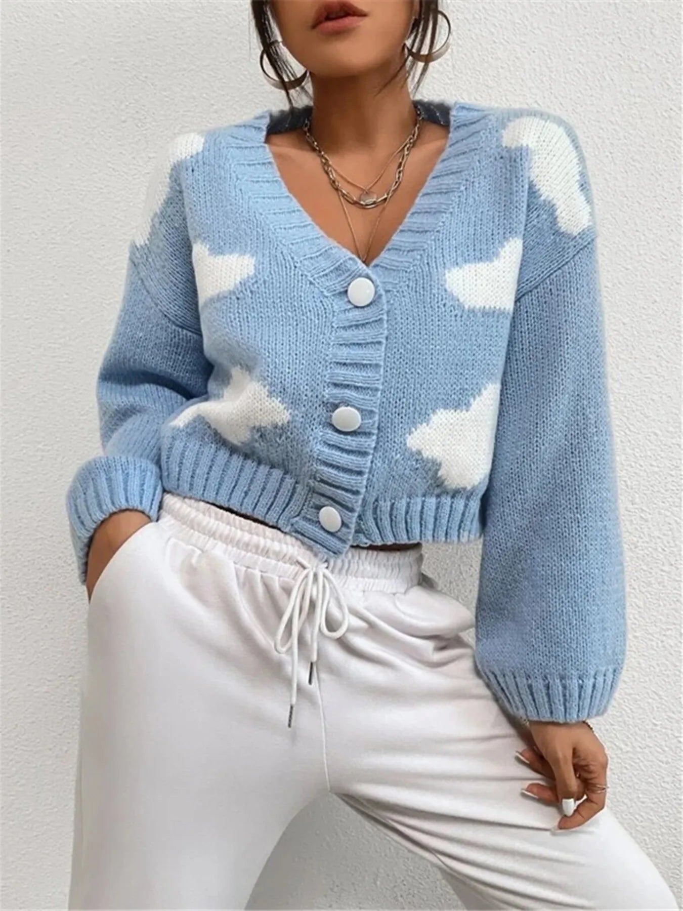 Contrast Cloud Pattern Cropped Button-Up Cardigan - Fashorio