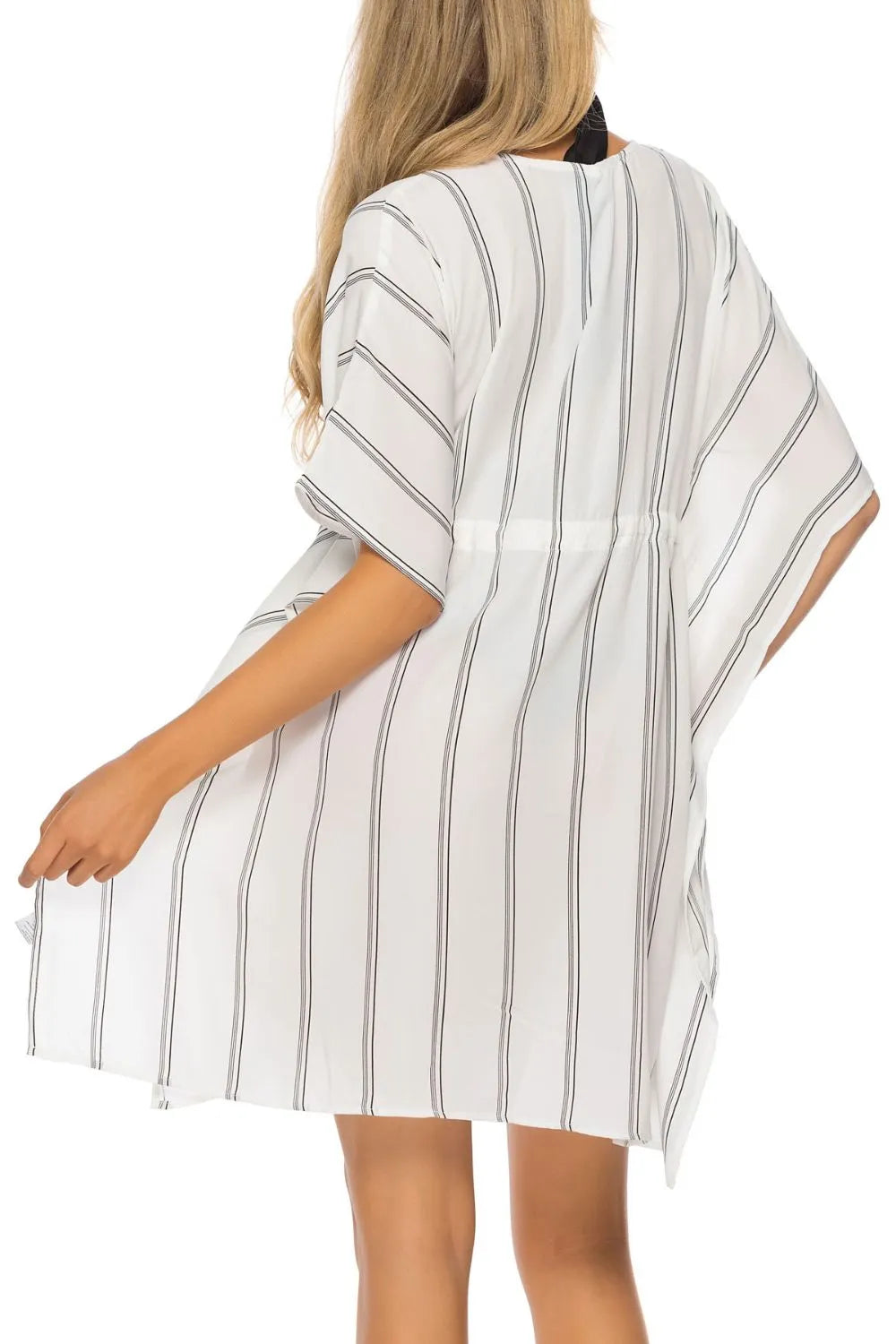 Drawstring Striped V-Neck Cover-Up - Fashorio
