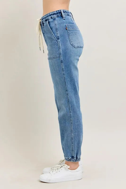 High waist denim joggers drawstring waist detail