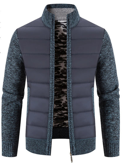 Men's Plus Size Quilted Knit Bomber Jacket with Stand Collar Air Force Blue - Fashorio