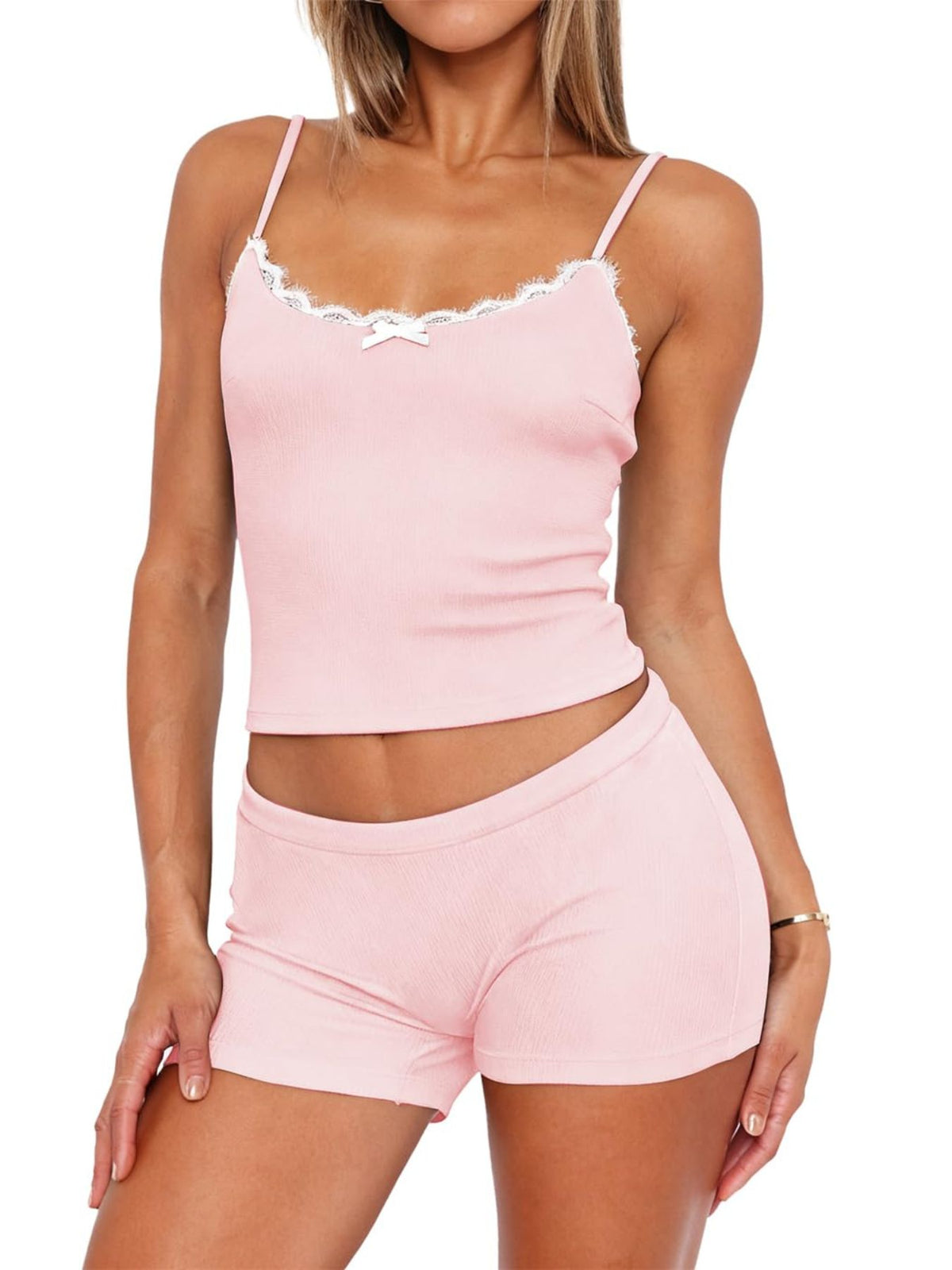 Coordinated lace trim cami and shorts set styled