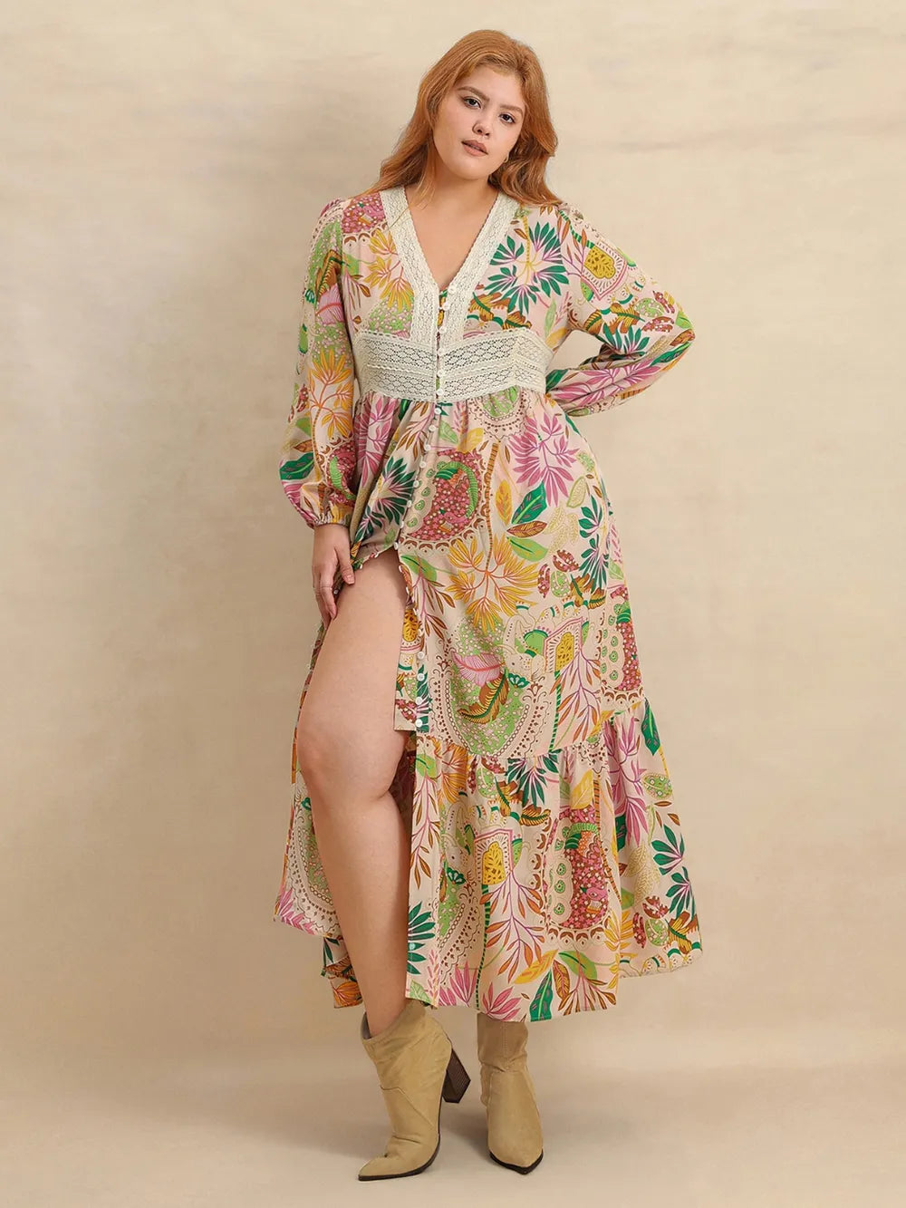 apricot lace printed balloon sleeve plus size maxi dress full length view