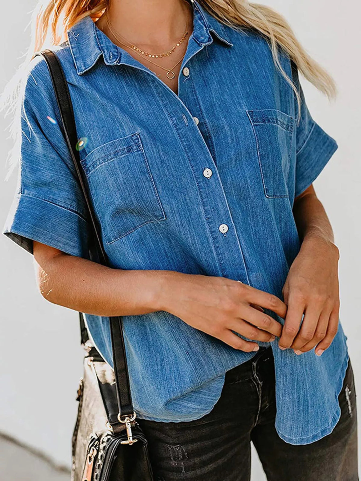 denim short sleeve button front shirt styled outfit