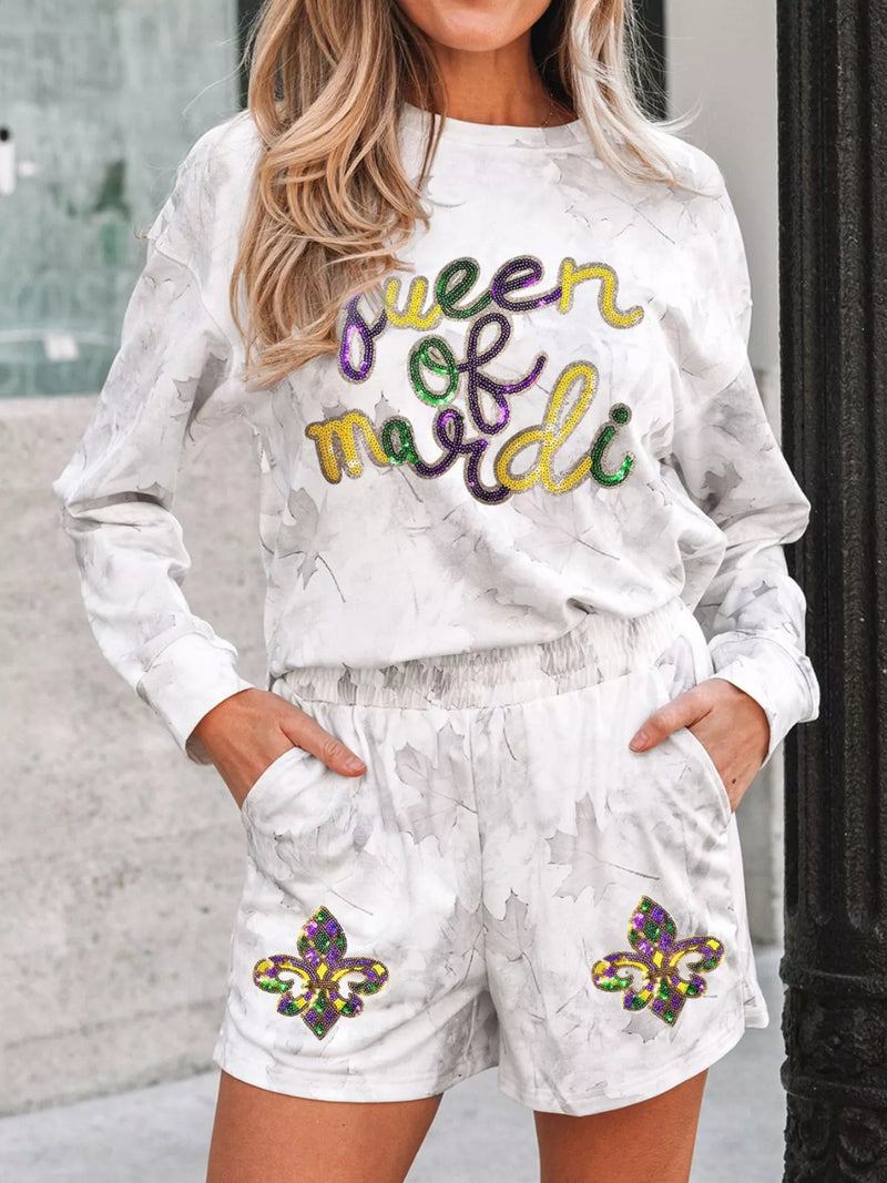 White sequin Mardi Gras top and shorts set front view