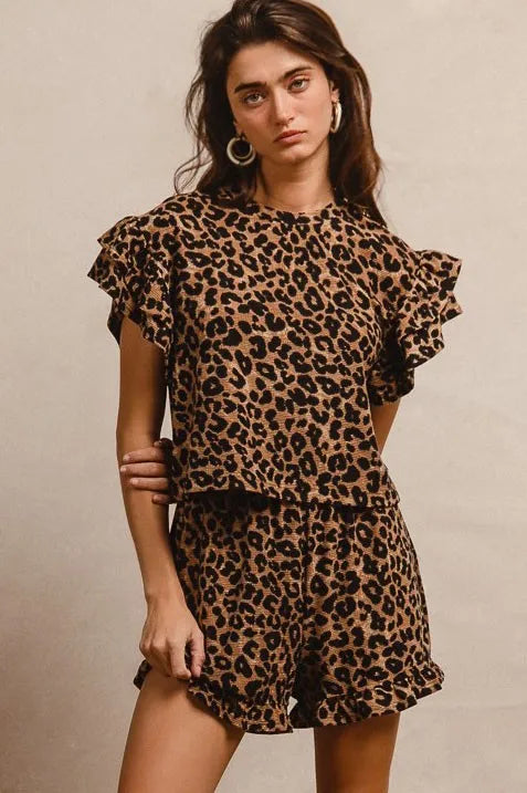 BiBi Leopard Print Waffle Texture Layered Ruffle Sleeve Top and Shorts Set - Fashorio