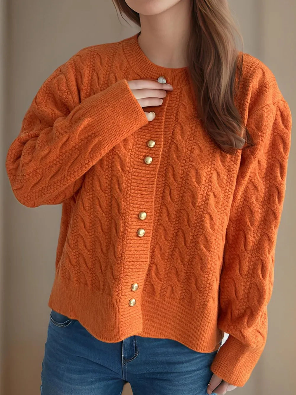 Cable-Knit Round Neck Long Sleeve Cardigan - Fashorio