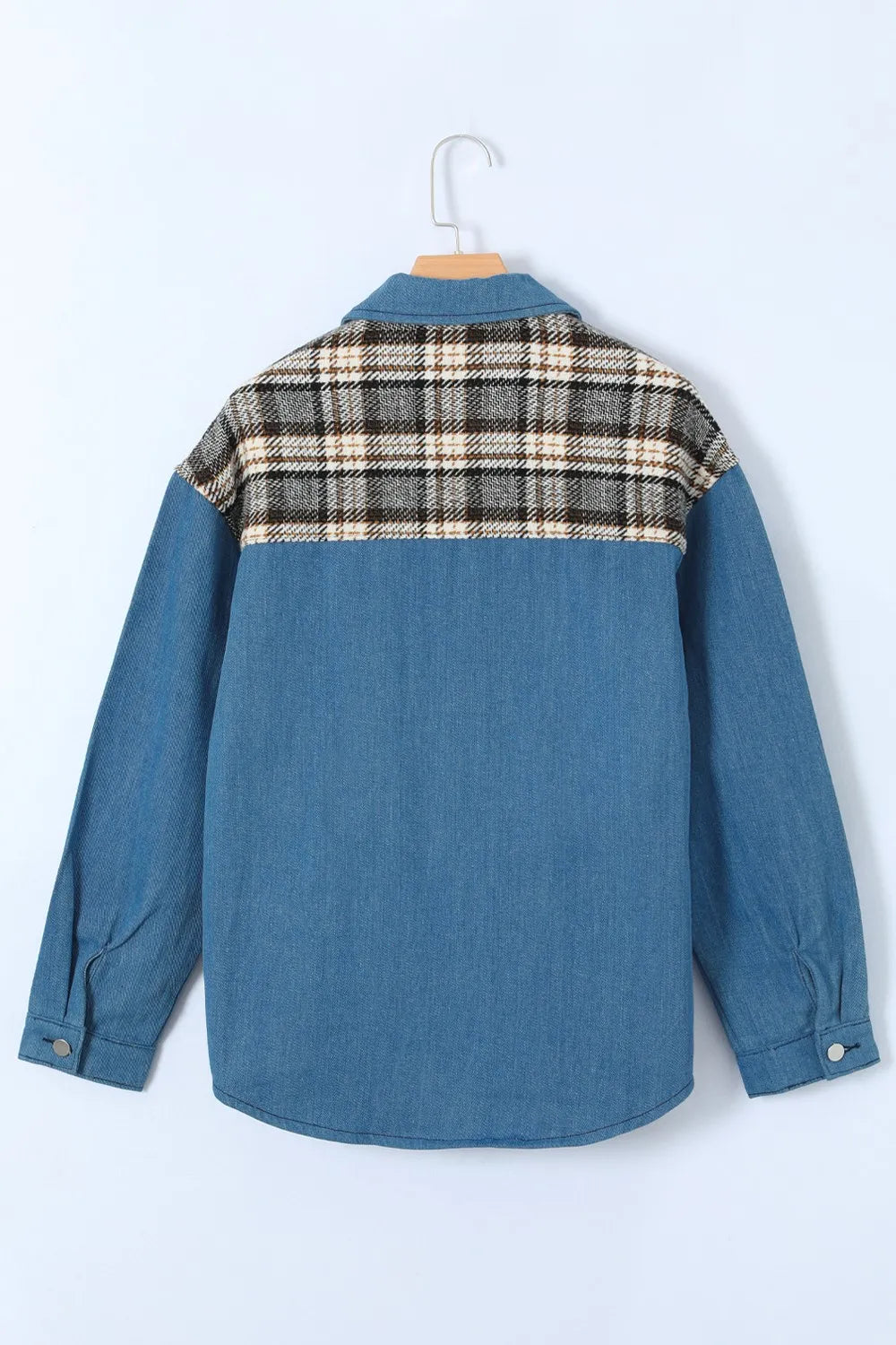 Plaid Pocketed Button Up Denim Jacket - Fashorio