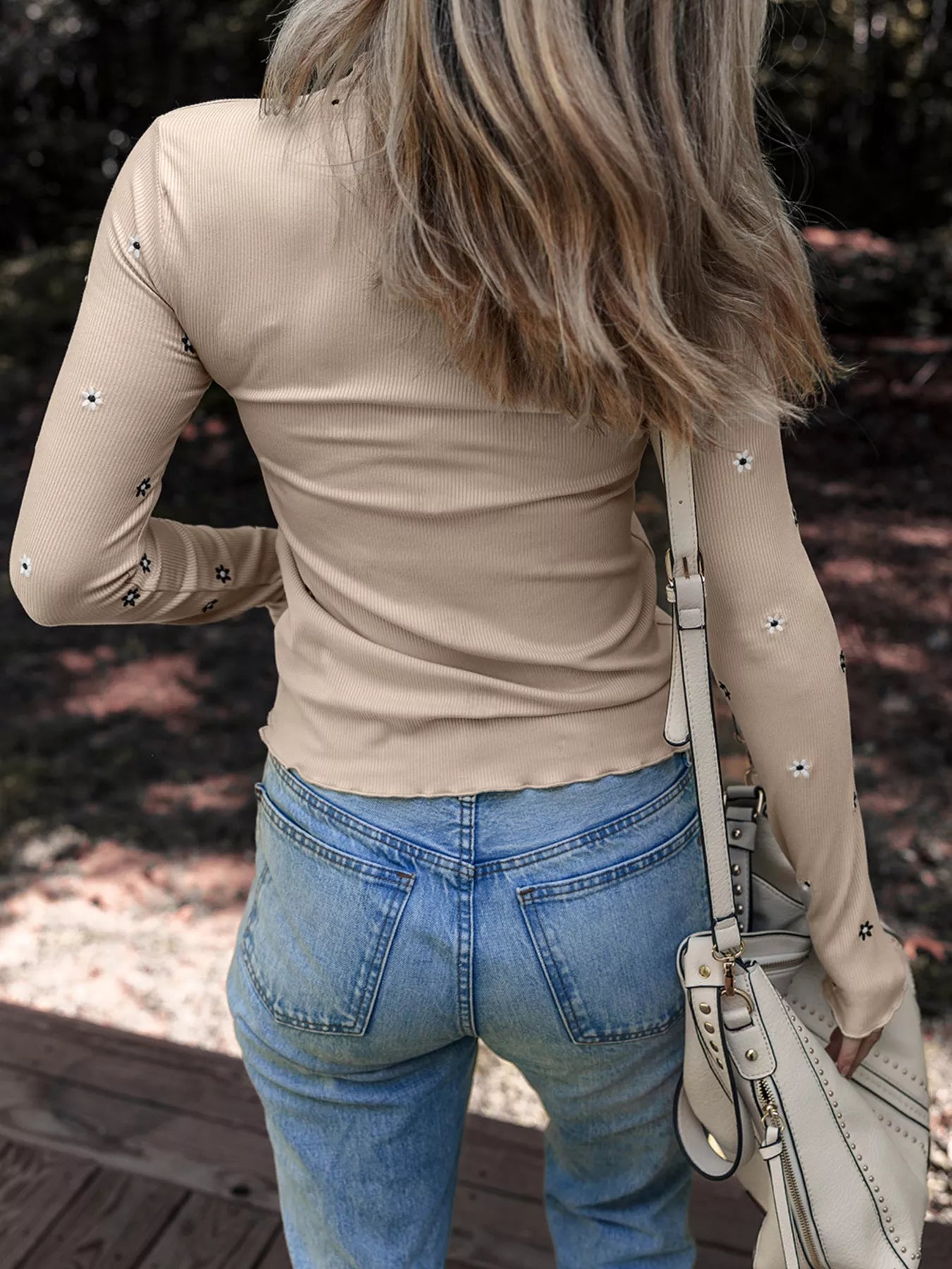 Floral Embroidered Detail Ribbed Long Sleeve Top - Fashorio