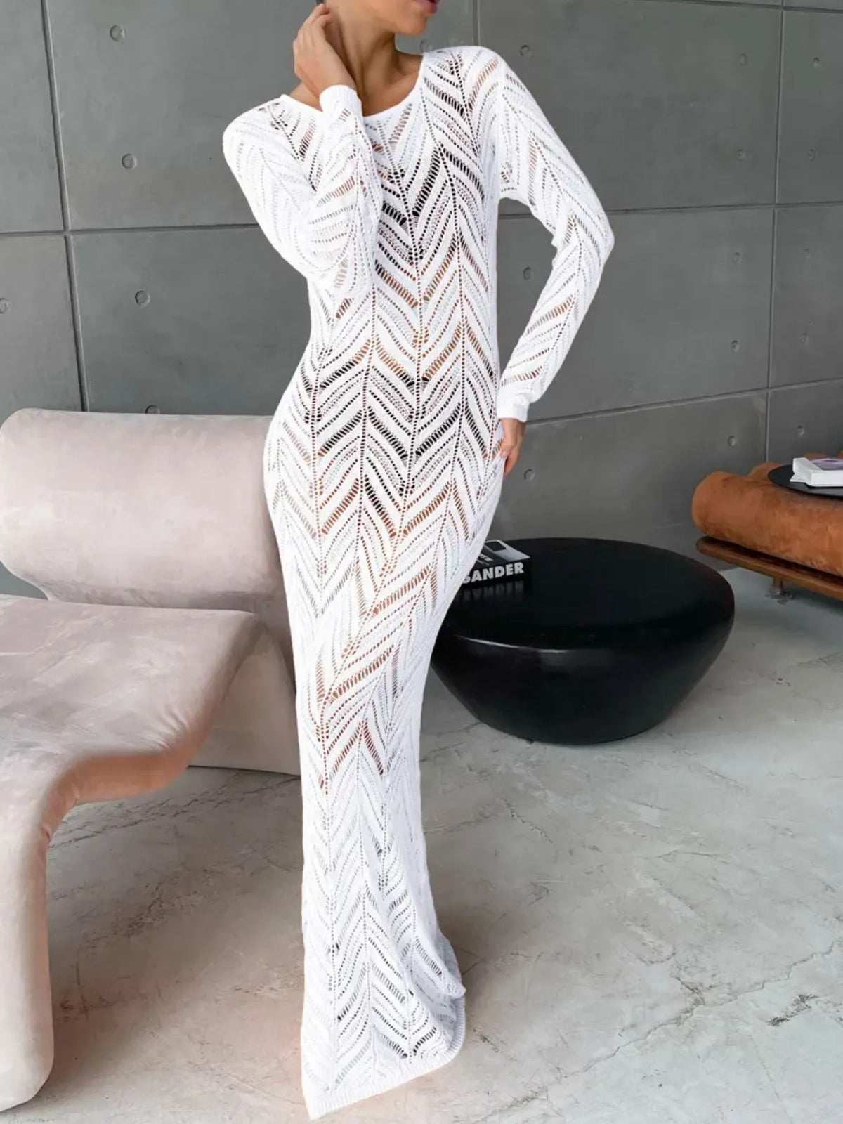 openwork knit long sleeve cover up maxi dress front view