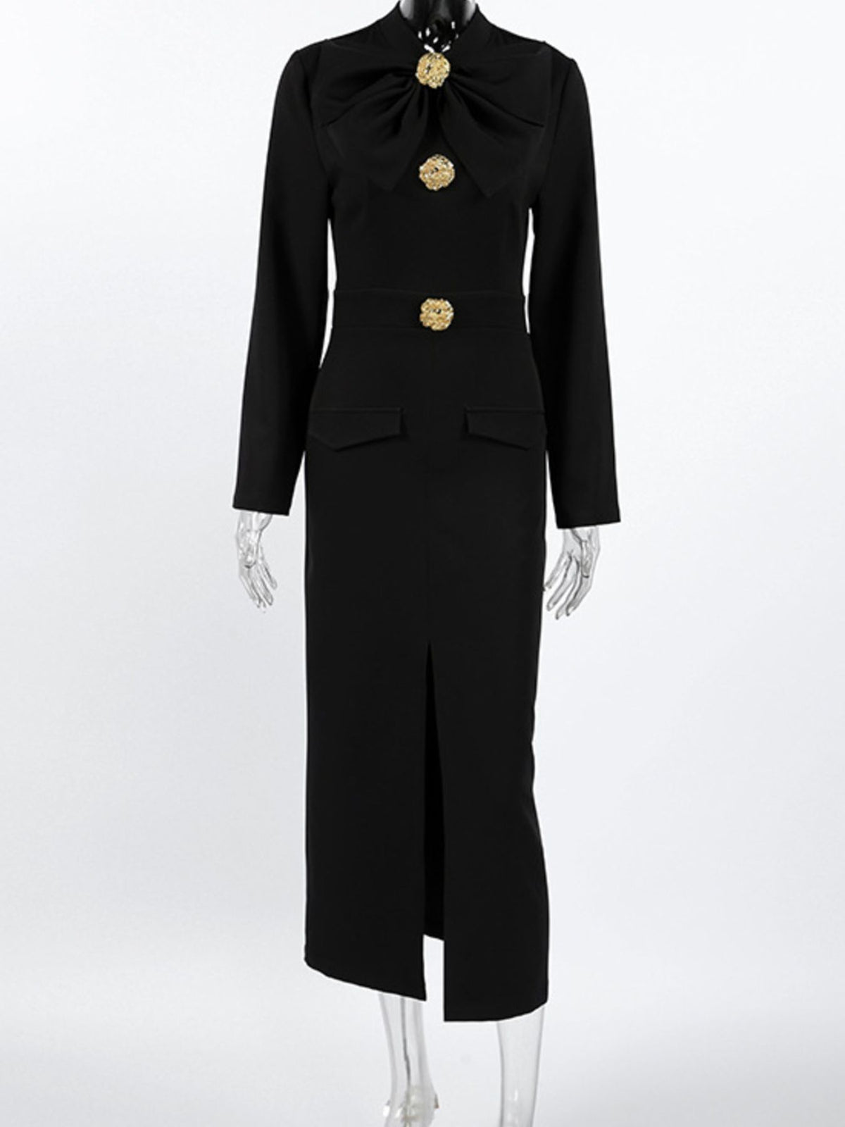 ruched long sleeve midi dress three quarter view