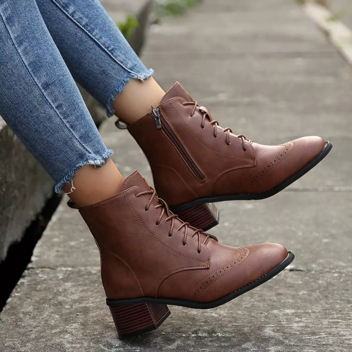 Lace up ankle boots with zipper toe close up