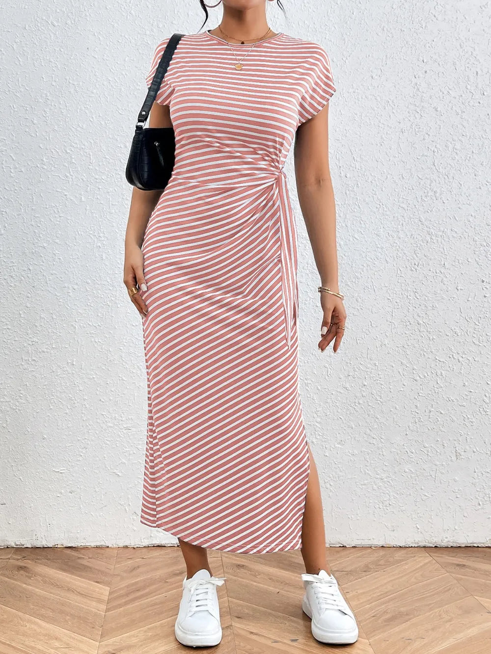 striped round neck short sleeve tee dress seated pose