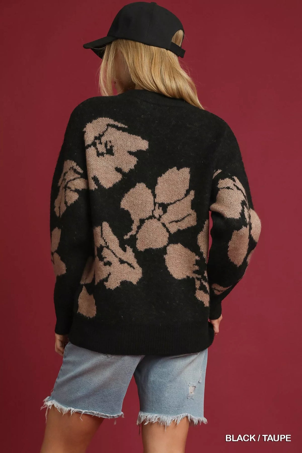 Floral Long Sleeve Sweater in Black and Taupe side view
