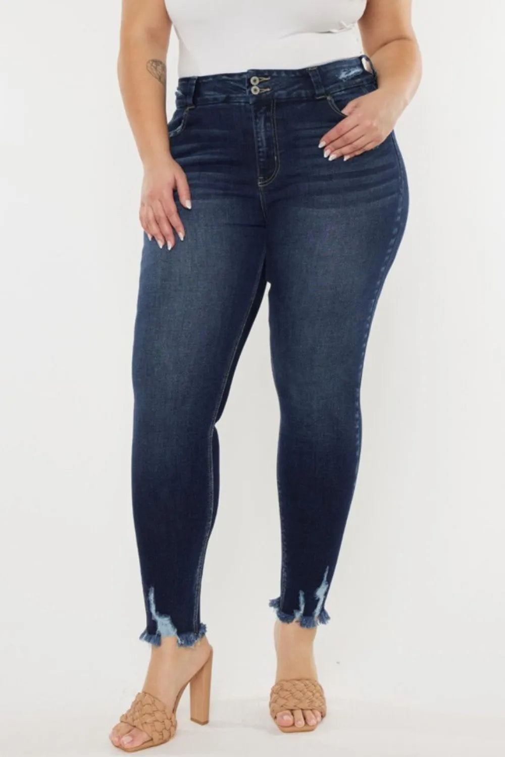 Cat whisker raw hem high waist jeans front view