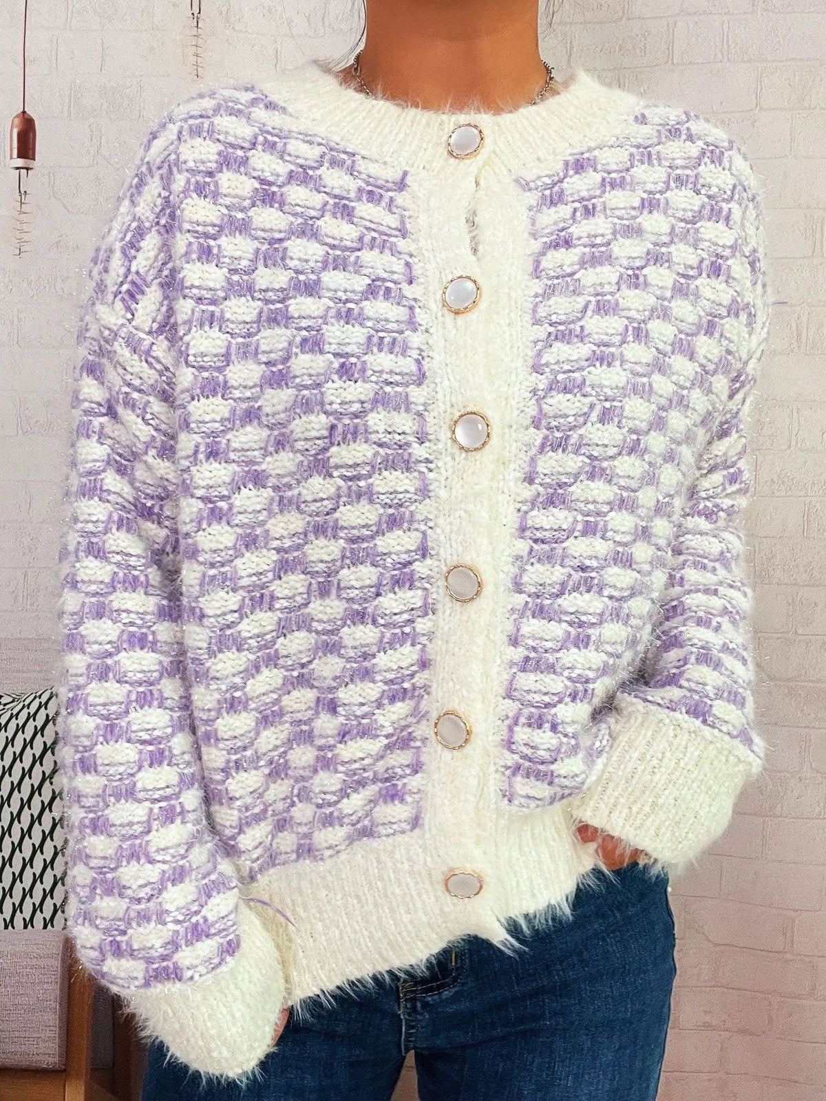 Fluffy textured button up cardigan styled outfit view