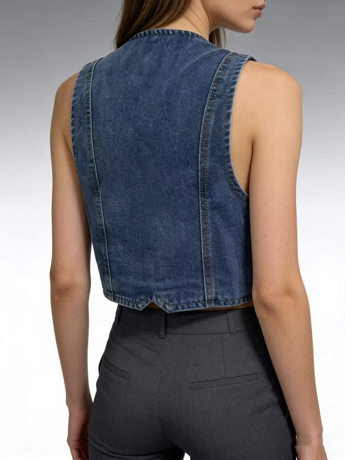 Button Down Denim Vest in Dark Blue close up