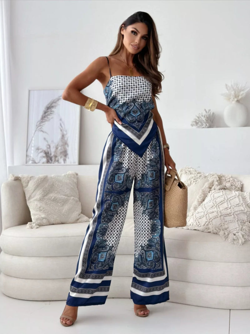 Printed cami and wide leg pants set front view