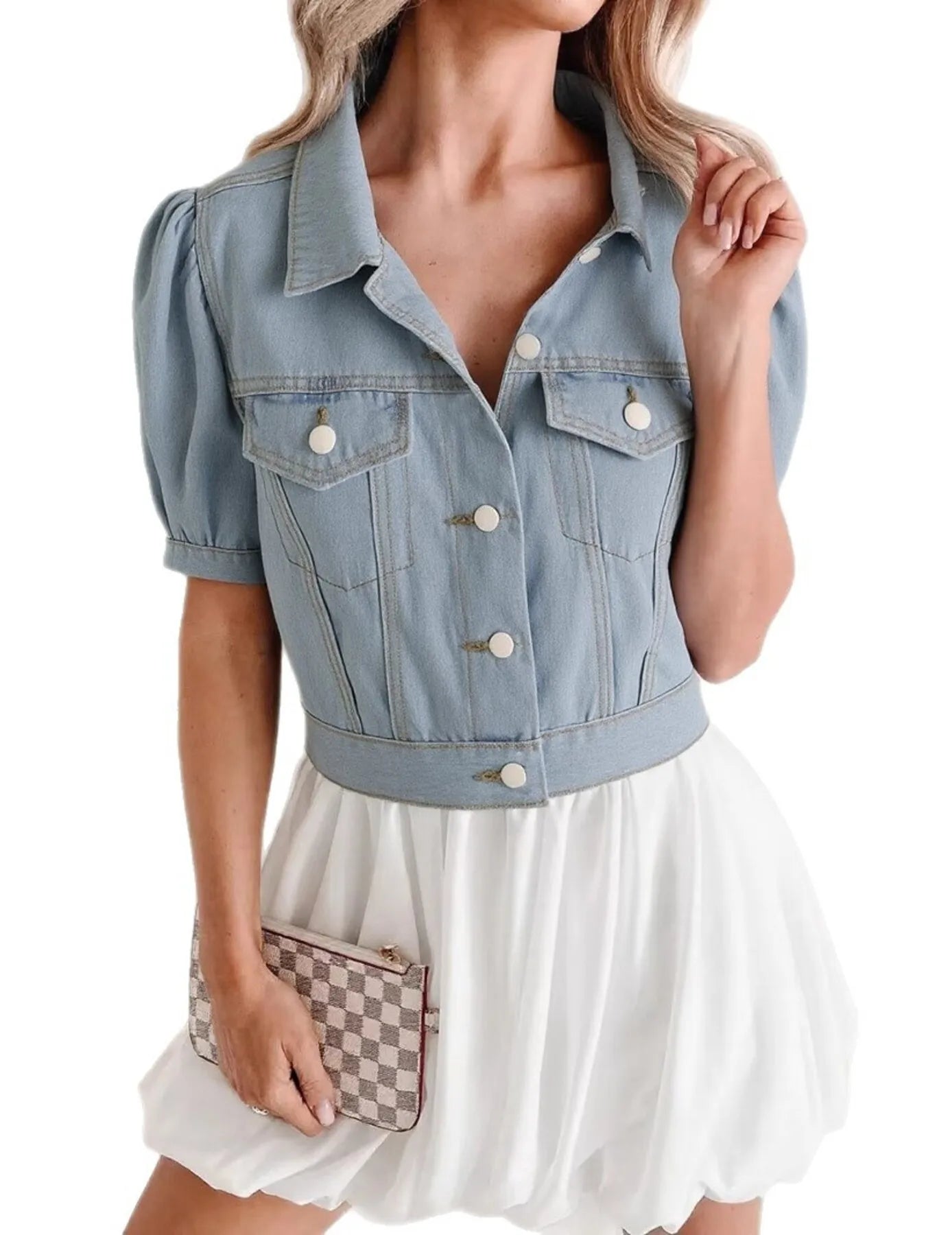 Button Up Puff Sleeve Cropped Denim Jacket - Fashorio