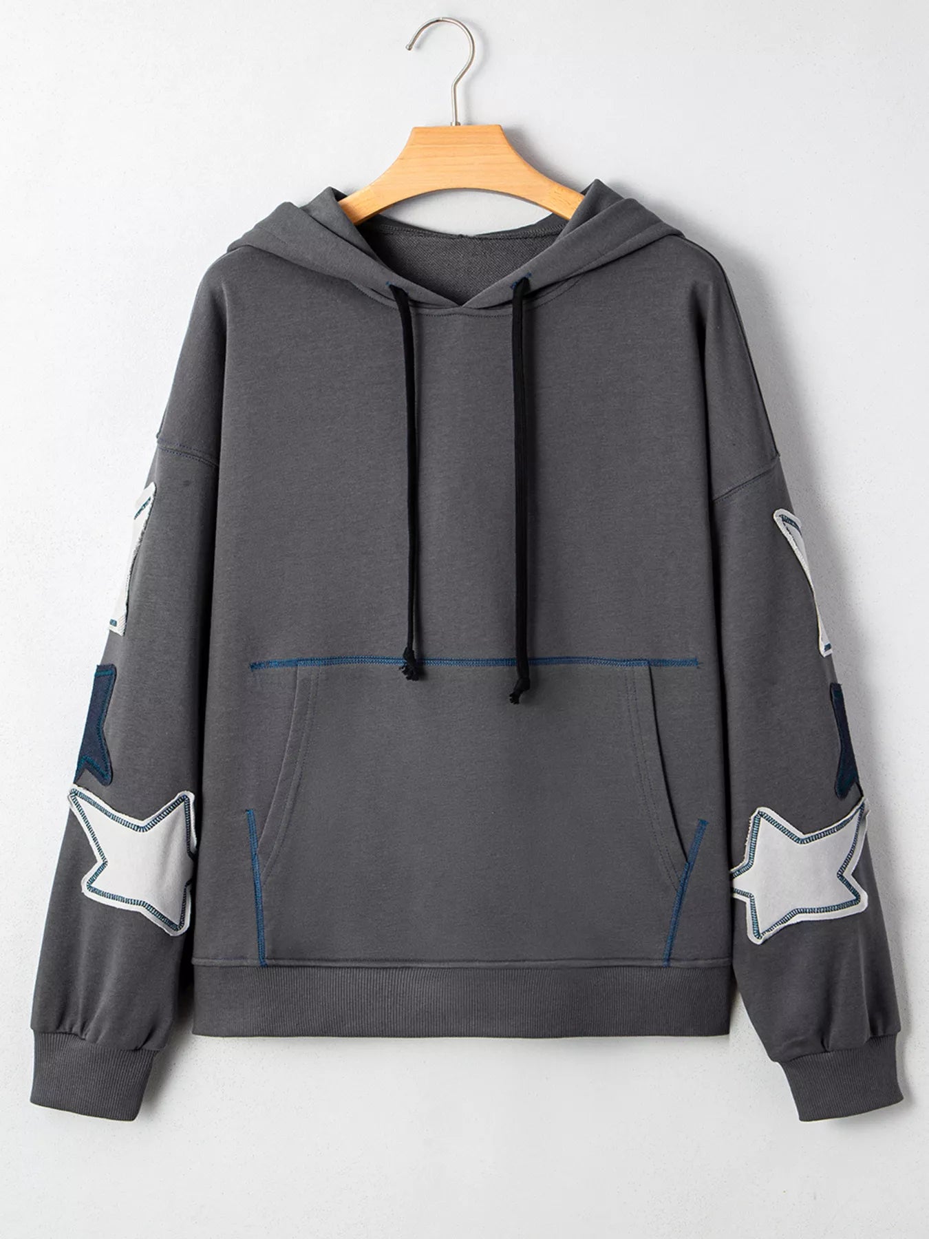 Star Patchwork Contrast Stitching Mineral Wash Kangaroo Pocket Hoodie - Fashorio