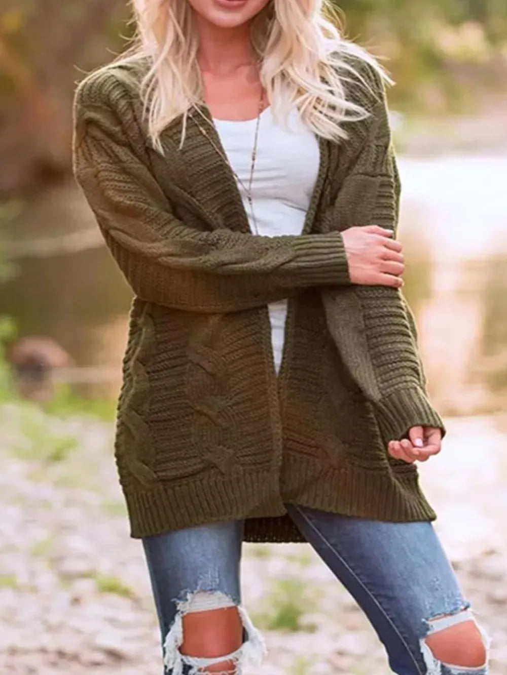 Cable-Knit Open Front Long Sleeve Cardigan Army Green - Fashorio