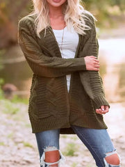 Cable-Knit Open Front Long Sleeve Cardigan Army Green - Fashorio