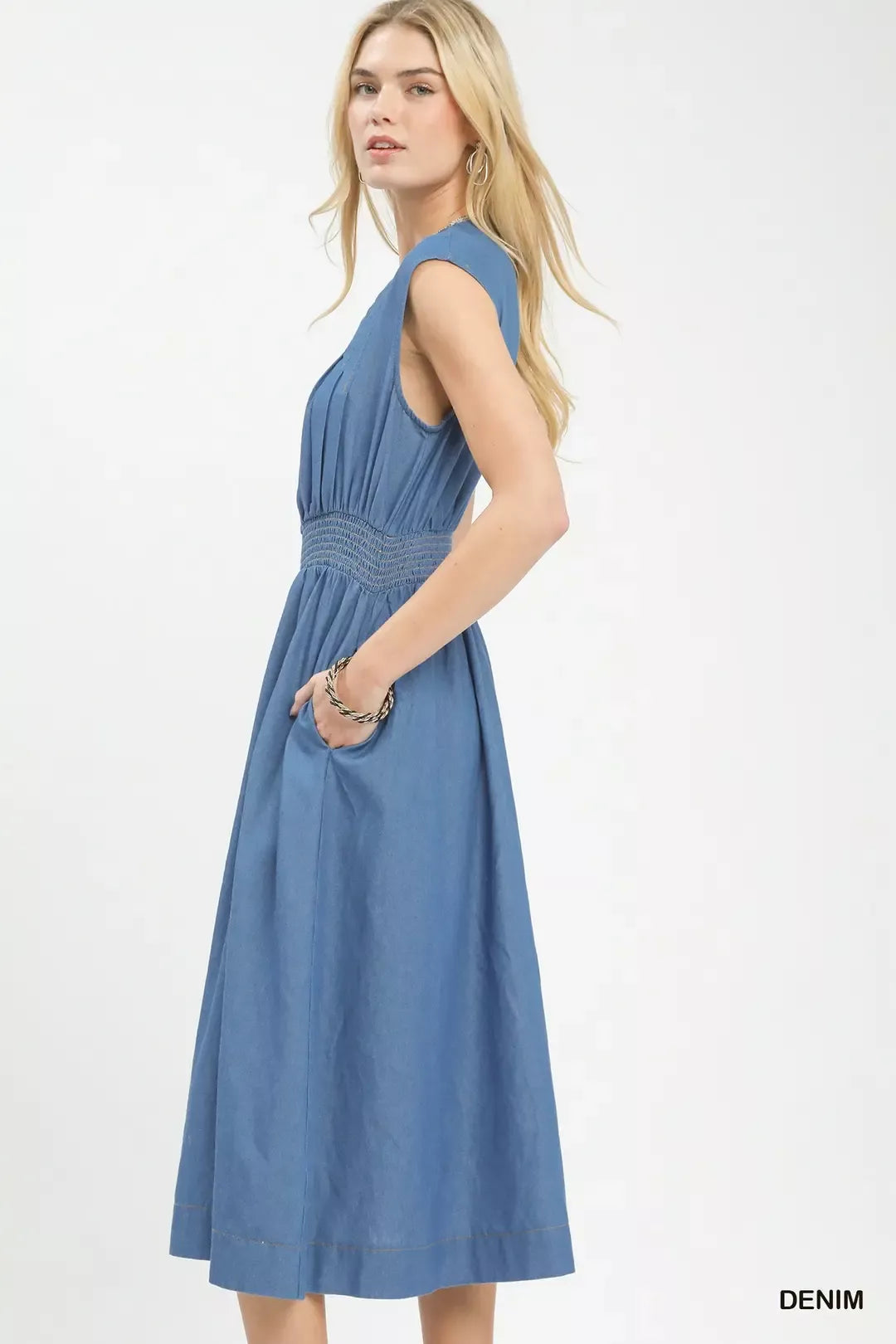 Denim Sleeveless Zip Front Smocked Waist Midi Dress back view
