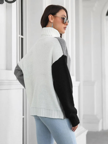 Contrast Turtleneck Long Sleeve Sweater - Fashorio