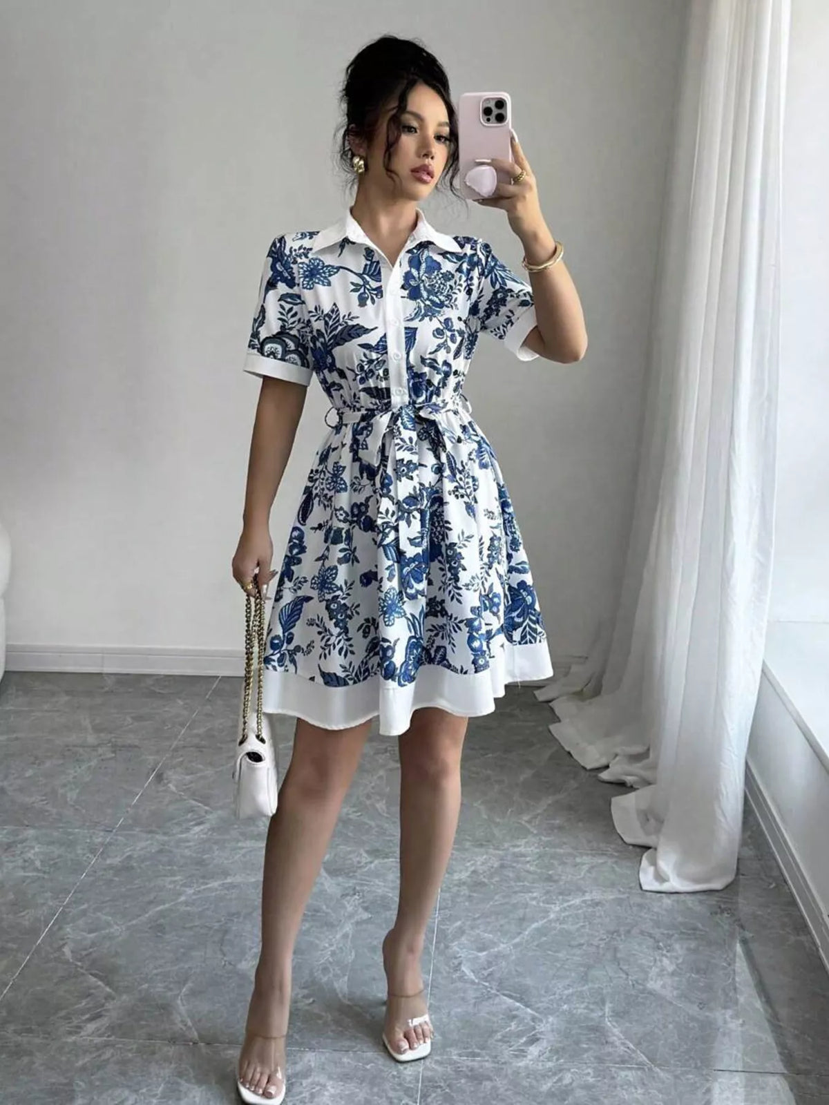 Printed button front belted mini dress side view