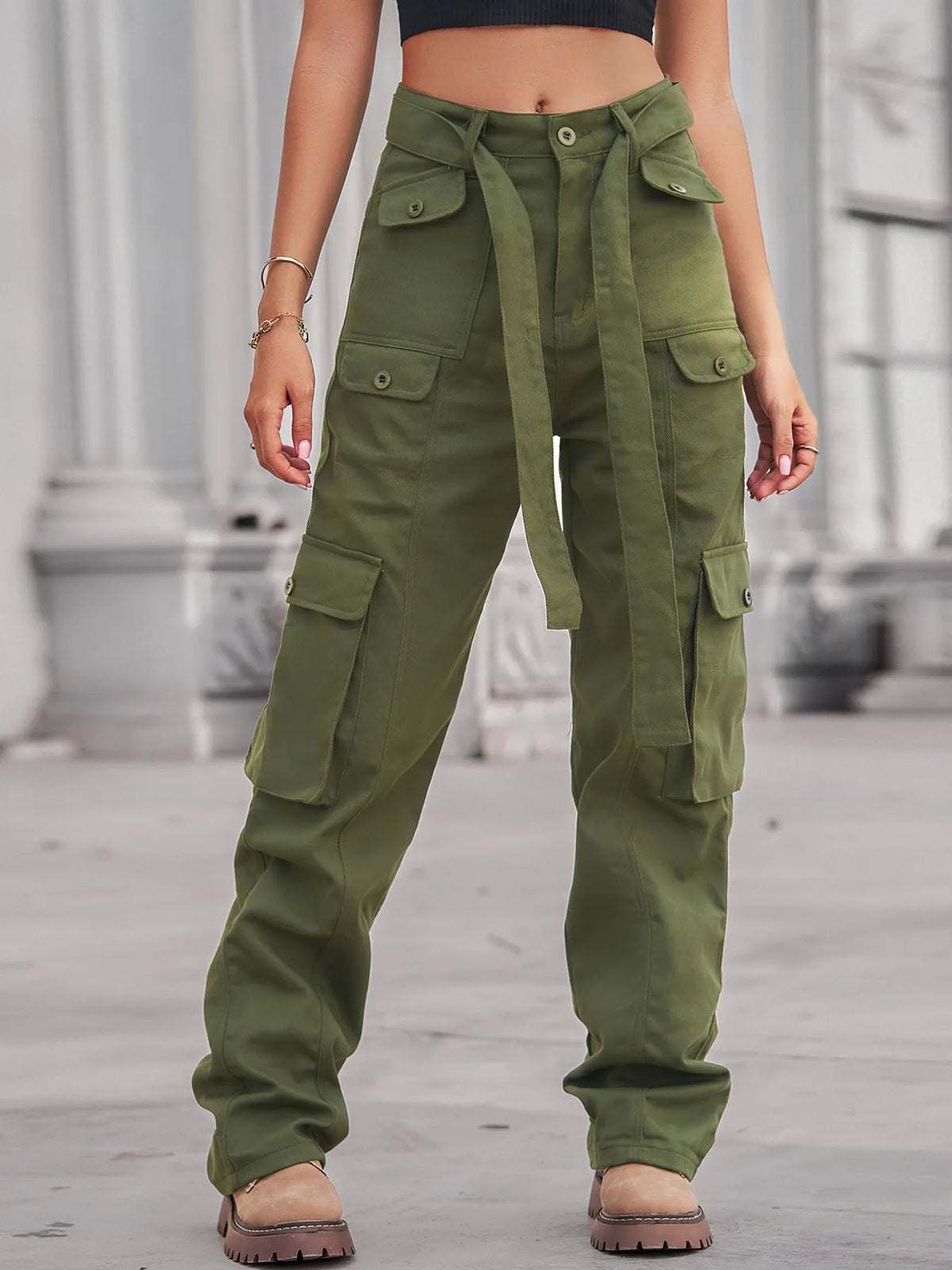 High Waist Multi Pocket Cargo Jeans, view 21