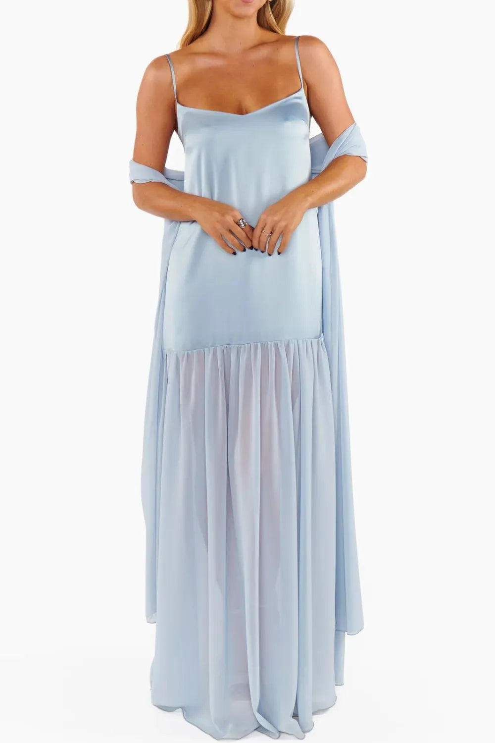 Adjustable strap maxi cami dress with matching scarf, fabric detail