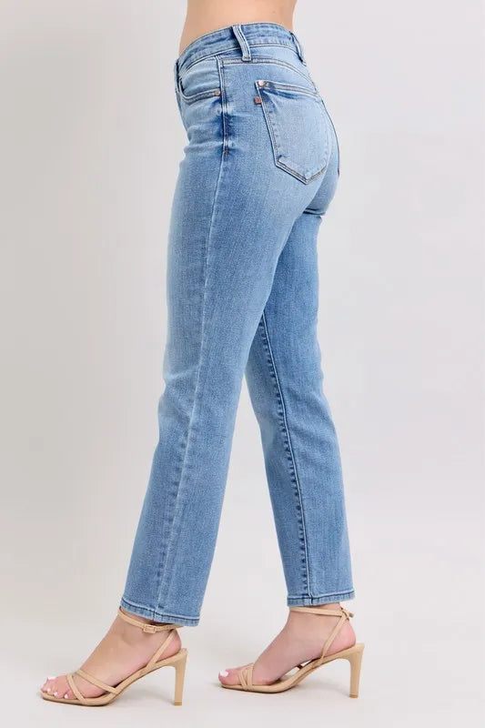 Judy Blue Full Size Mid Rise Vintage Wash Slim Jeans with Cell Phone Pocket Plus Size - Fashorio