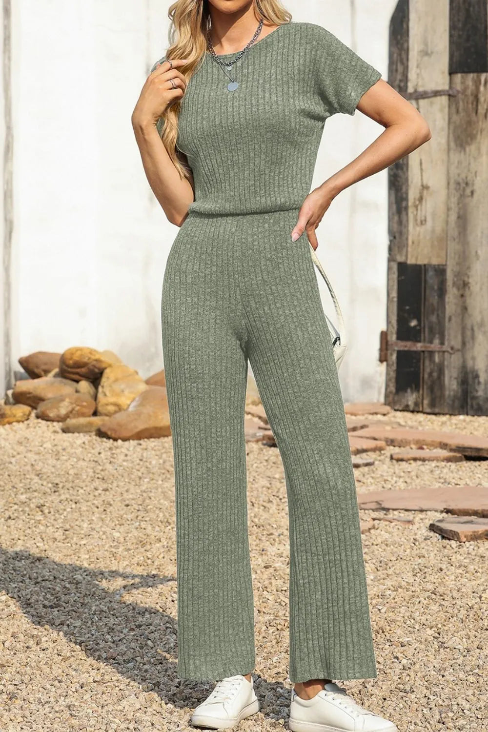 Ribbed Short Sleeve Wide Leg Jumpsuit - Fashorio