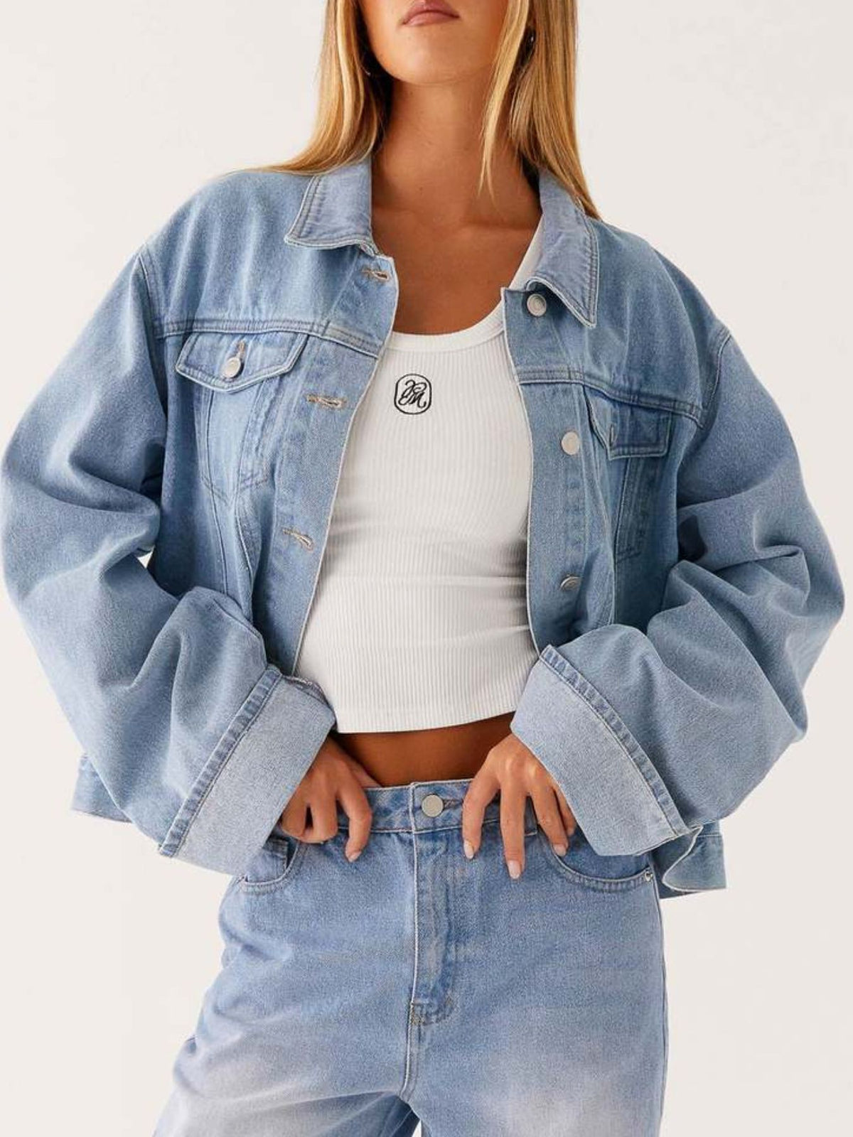 Cropped Oversized Denim Jacket in Dark Blue view 8