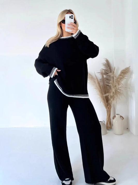 Contrast Trim Round Neck Top and Pants Sweater Set Black - Fashorio
