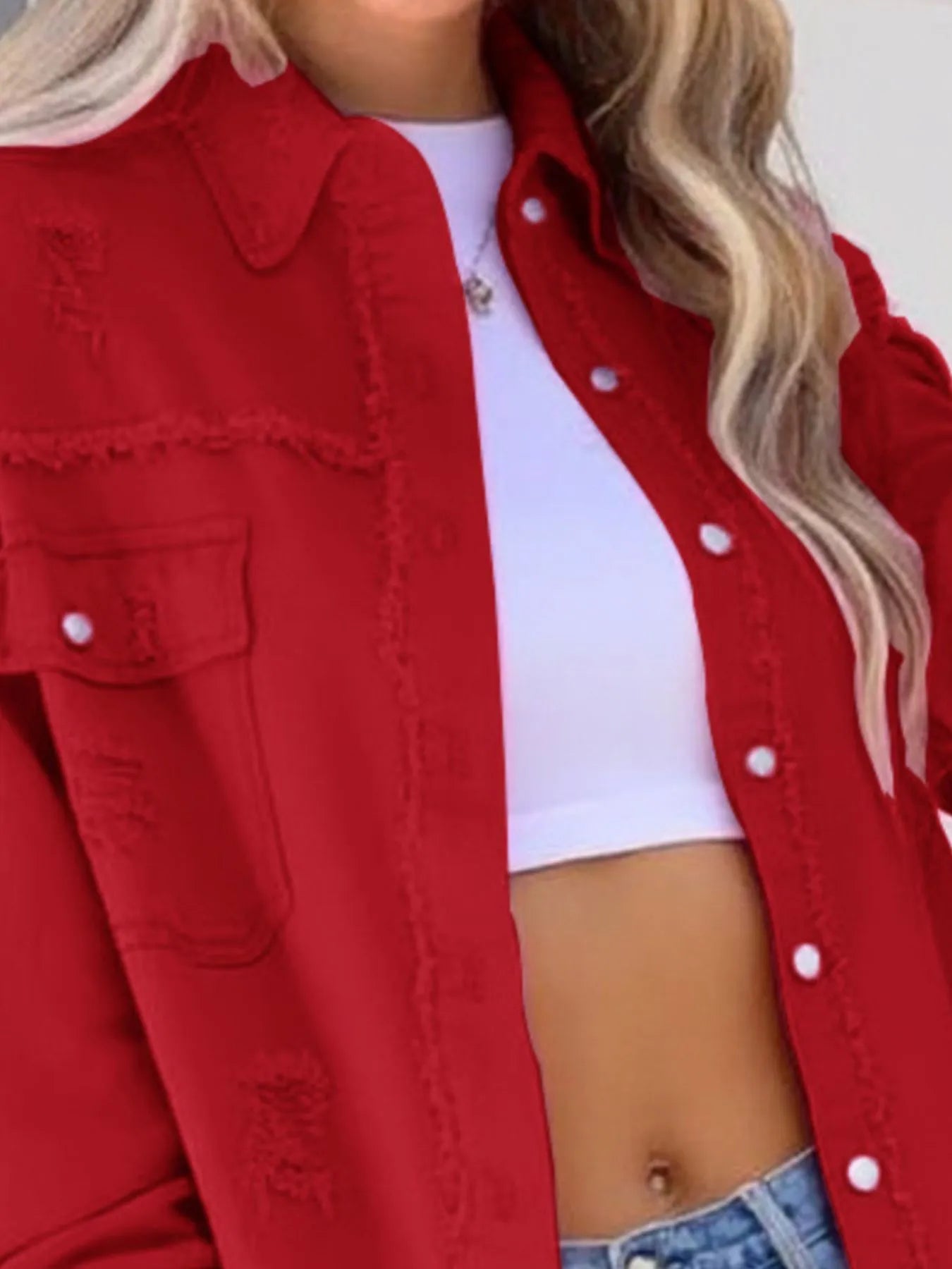 Distressed Denim Jacket with Frayed Edges - Fashorio