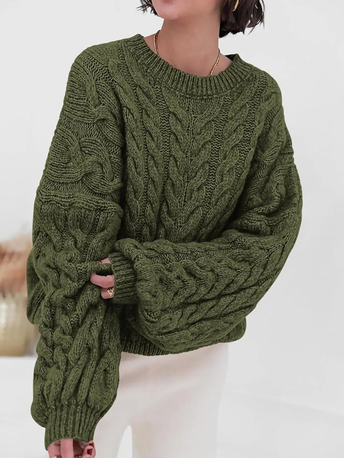 cable knit long sleeve sweater full length view
