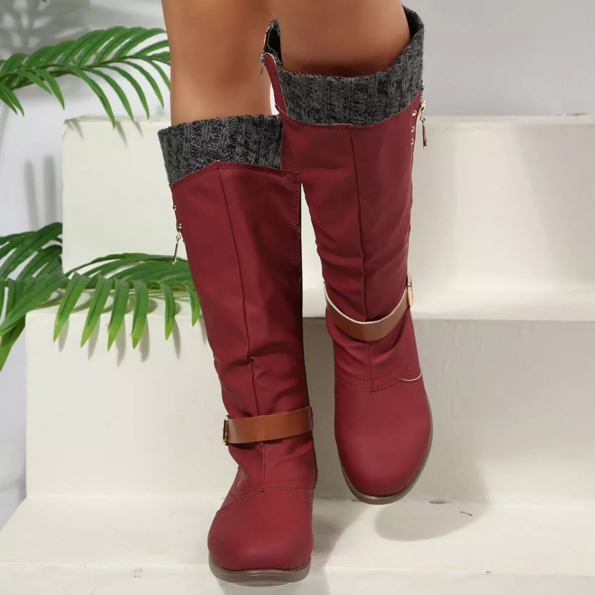 Purple round toe block heels boots upper texture detail