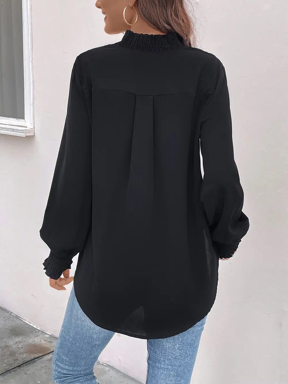 Perfee Smocked Notched Long Sleeve Blouse - Fashorio