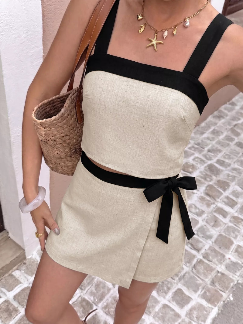 Contrast trim cami and skort set in khaki front view