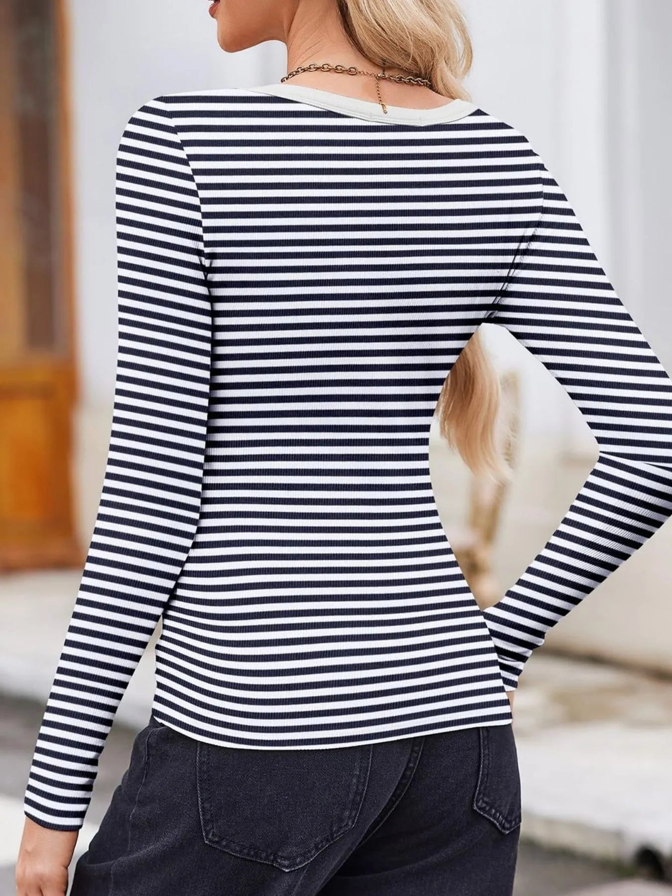 Striped Long Sleeve Scoop Neck T-Shirt - Fashorio