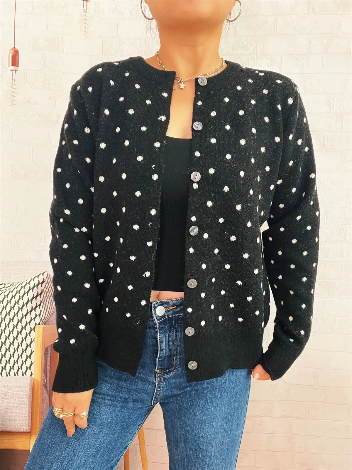 polka dot button up cardigan sleeve detail