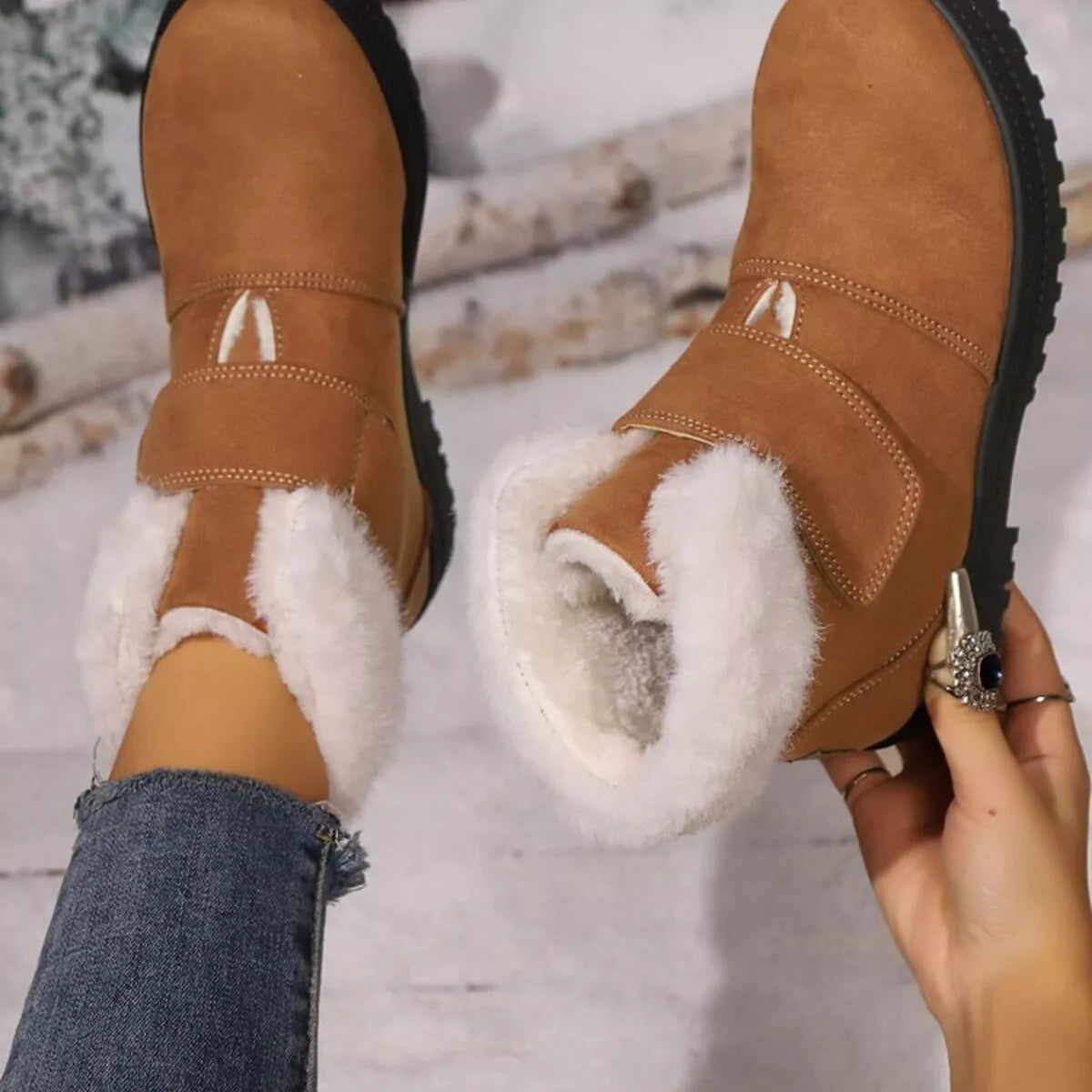 Round Toe Fuzzy Ankle Boots pair on a plain backdrop