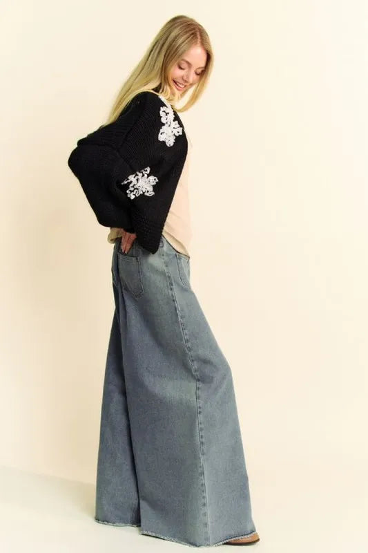 Davi & Dani Floral Applique Open Front Dropped Shoulder Cardigan - Fashorio