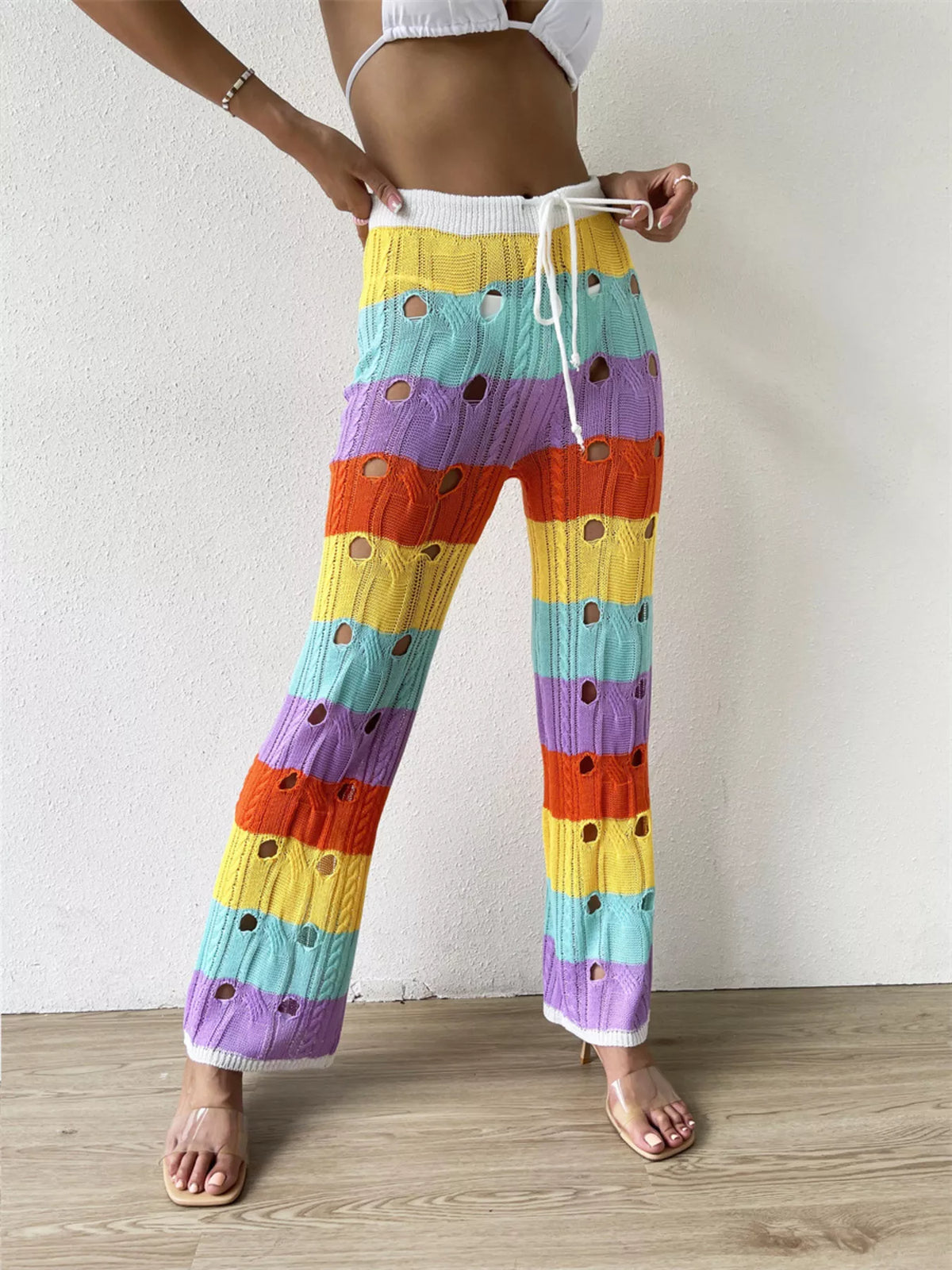 Striped crochet knit drawstring pants front view