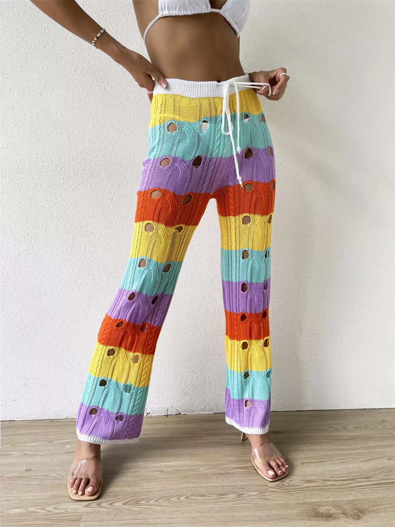Striped crochet knit drawstring pants front view