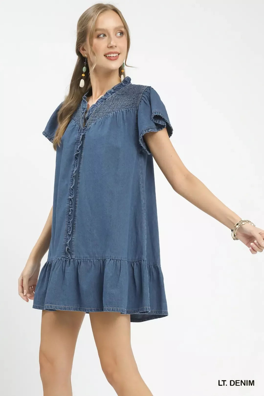 Ruffled Washed Denim Dress back view