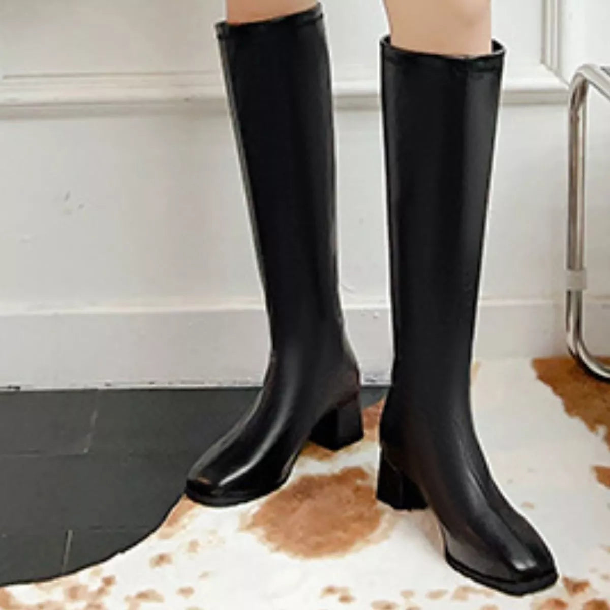 Square toe block heel boots, upper texture close up